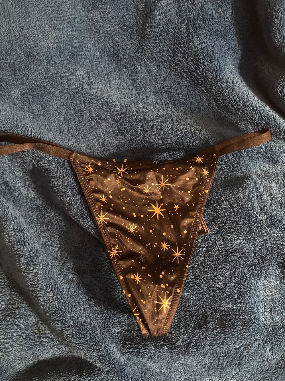 Victoria's Secret Black Satin Thong with Gold Star Print